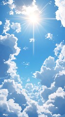 Canvas Print - Beautiful sunny day with white fluffy clouds in blue sky. Summer weather and bright sunshine illustration