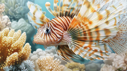 Close-Up of a Lionfish Gliding Through a Coral Reef
