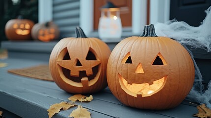 Canvas Print - Two pumpkins carved with faces are sitting on a porch, AI