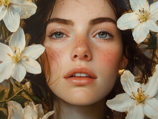 Wall Mural - Close-Up Portrait of a Woman with White Flowers