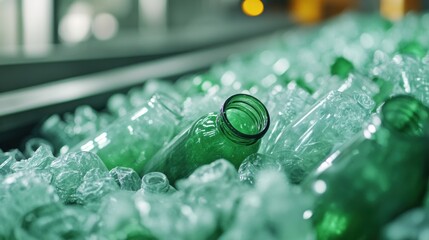 Sticker - A bunch of green bottles sitting on top of a conveyor belt, AI