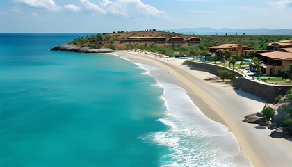 Wall Mural - Stunning Panoramic Resort View Overlooking Turquoise Seascape and Beautiful Beach in Summer Travel Paradise