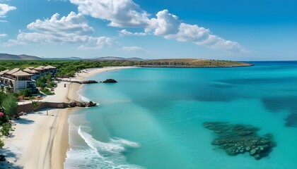 Wall Mural - Stunning Panoramic Resort View Overlooking Turquoise Seascape and Beautiful Beach in Summer Travel Paradise