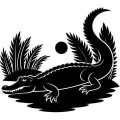 Wall Mural - Crocodile Silhouette Sunbathing by the Riverbank black Vector Art