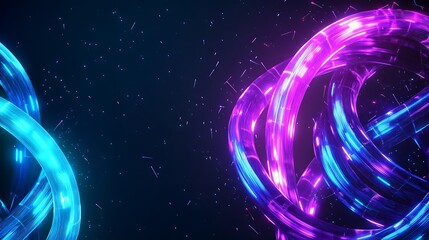 Two glowing neon blue and pink rings on a dark blue background with light particles.