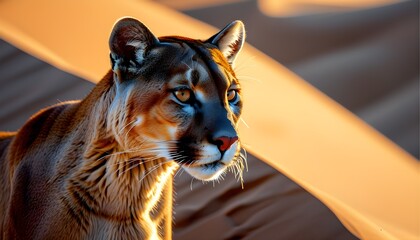 Wall Mural - Vibrant double exposure of a mountain lion silhouette against stunning desert dunes