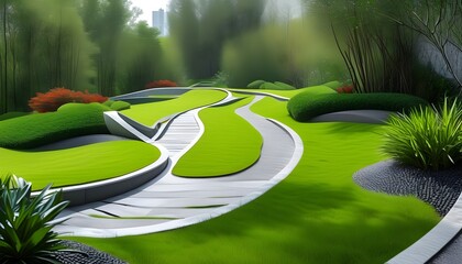 Wall Mural - Elegant lawn landscape featuring curved walkways and lush grass, showcasing innovative gardening and architectural design