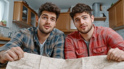 Poster - Two men are looking at a map together in the kitchen, AI