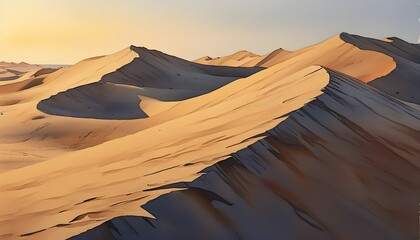 Tranquil endless desert dunes at dusk, showcasing soft shadows, delicate sand patterns, and warm watercolor tones in a serene and expansive landscape