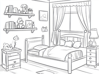 Bedroom with plants and furniture line drawing for coloring