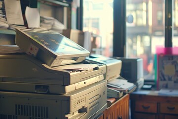 Leinwandbilder - A busy office environment during the day featuring copiers and paperwork amid natural sunlight streaming through the windows