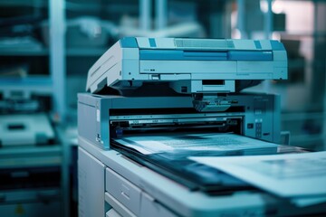 Leinwandbilder - A busy office environment during the day featuring copiers and paperwork amid natural sunlight streaming through the windows
