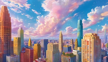 Wall Mural - Whimsical cityscape with pastel buildings beneath a cotton candy sky, merging elements of fantasy and reality in a dreamy urban setting