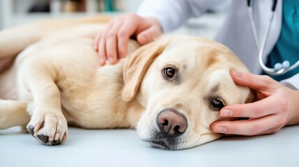 Wall Mural - A dog laying on a table with its head resting in the lap of an adult, AI