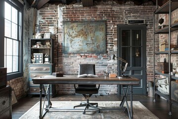 Poster - Stylish modern office with exposed brick walls, wooden beams, and contemporary furniture in a cozy workspace filled with books and greenery