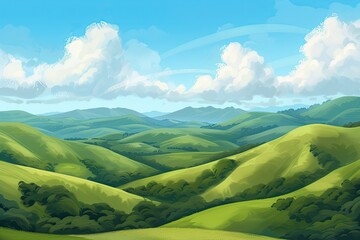 Lush green fields under a vibrant blue sky with fluffy clouds in a serene landscape during a sunny day in the countryside