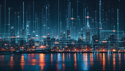 Wall Mural - Illuminated nighttime cityscape depicting connectivity and technology through glowing lines