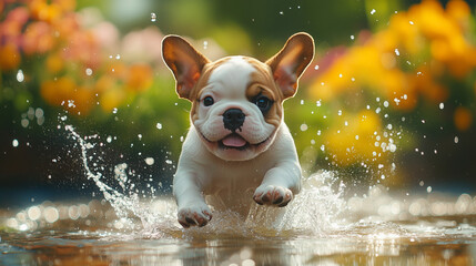 French Bulldog Puppy Joyfully Running Through Water Splashing Colorful Garden Background