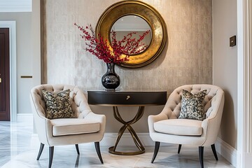 Elegant Interior Design with Two Upholstered Armchairs, a Console Table, and a Gold Mirror