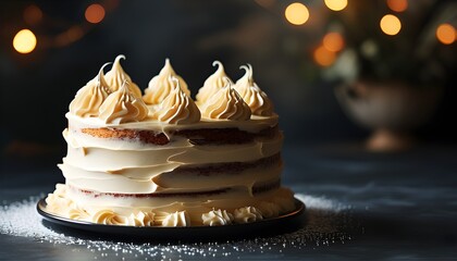 Wall Mural - Classic vanilla birthday cake with smooth frosting and double exposure silhouette, highlighting rich textures and inviting details