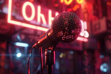 A vintage microphone surrounded by abstract 3D letters in a creative setting, capturing the essence of music and communication in a modern art style