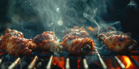 Canvas Print - Close-up of tongues turning chicken drumsticks on a grilling surface.