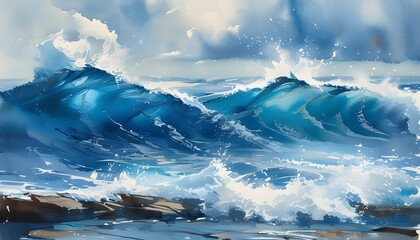 Wall Mural - Serene blue watercolor portrayal of the vast ocean with soft, undulating waves