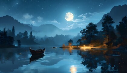 Wall Mural - Serene lake under a starry night sky with a luminous moon and a silhouetted boat drifting peacefully