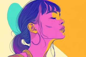 Leinwandbilder - A digital illustration of a young woman with a ponytail in profile, showcasing vibrant colors and geometric shapes, capturing a moment of calmness and introspection against a colorful background