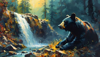 Wall Mural - Resting black bear by a vibrant waterfall with a forest silhouette in double exposure, featuring ample copy space