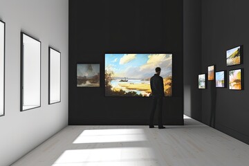 Fototapete - A visitor admires a modern art exhibition featuring vibrant landscapes in a contemporary gallery during the afternoon hours