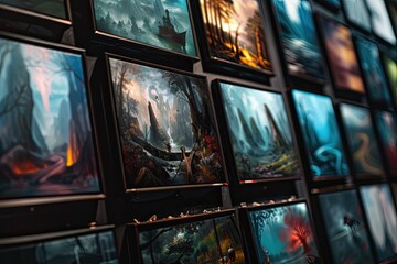 Fototapete - A visitor admires a modern art exhibition featuring vibrant landscapes in a contemporary gallery during the afternoon hours