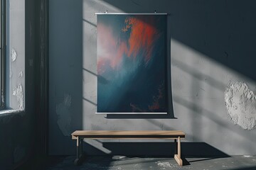 Poster - A minimalist interior featuring a large abstract art piece hanging on a wall beside a simple wooden bench, illuminated by soft sunlight streaming through a nearby window