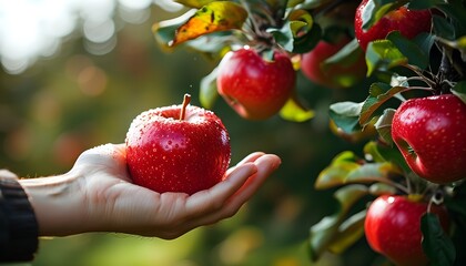 Wall Mural - Hand reaching for a glossy red apple on a tree branch