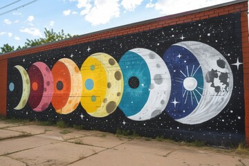 Aufkleber - Colorful mural depicting celestial bodies with moons and planets painted on a brick wall in an urban setting during daylight