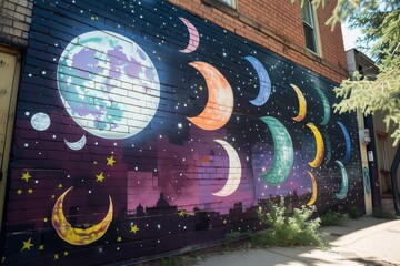 Colorful mural depicting celestial bodies with moons and planets painted on a brick wall in an urban setting during daylight