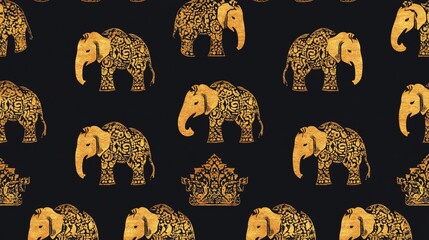 seamless pattern of golden elephants on a black background.