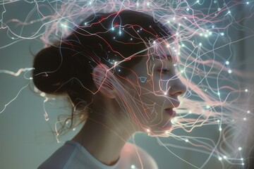 Aufkleber - A young womans profile illuminated by vibrant, colorful lights, showcasing an artistic fusion of technology and creativity, highlighting intricate geometric patterns at dusk