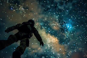 Poster - An astronaut gazing up at a brilliant night sky filled with stars and galaxies while floating in space, showcasing the beauty of the universe and exploration