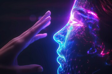 a hand reaches out towards an ai hologram, with the palm glowing in neon blue and purple hues agains