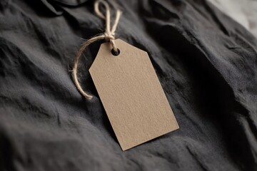 Blank Brown Tag with String on Black Fabric