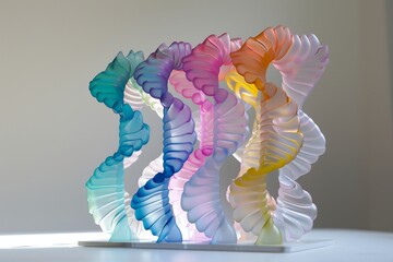 Aufkleber - Colorful spiral sculptures displayed on a white surface with soft lighting, showcasing intricate designs in various shades, creating a captivating visual effect