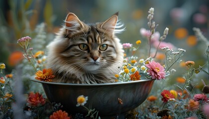 Wall Mural - Mysterious cat hidden behind a blurred backdrop resting in a metal bowl surrounded by vibrant flowers