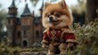 © Darya - A small Pomeranian, adorned in a royal guard outfit, stands alert outside a charming castle. The scene captures a delightful blend of whimsy and pet elegance