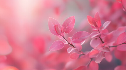 red ruchsia pink leaves on branch in spring blurry unfocused background nature backdrop wallpaper space for text