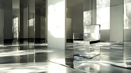 Wall Mural - A Glass Chair in a Room with Mirrors and Sunlight