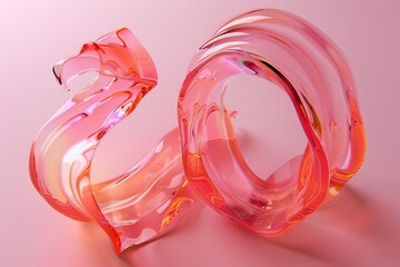 Poster - Abstract glass sculpture featuring intertwined loops with vibrant red and beige swirls, illuminated against a soft white background
