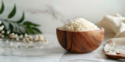 Light-colored surface featuring jasmine rice in a wooden bowl.