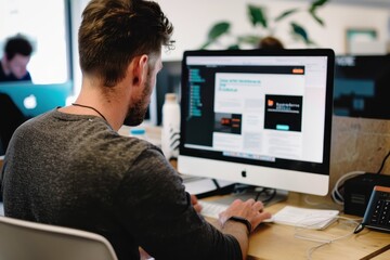 Leinwandbilder - A group of individuals collaborating on a computer project, analyzing data and creating digital content in a modern workspace during daylight hours
