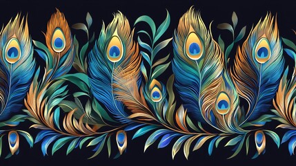 Seamless pattern of peacock feathers and leaves on a black background.